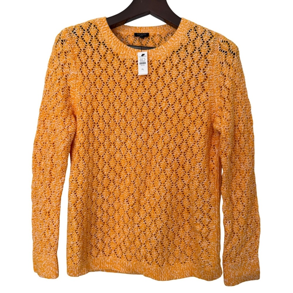 Talbots Petite Women Orange White Textured‎ Open Knit Sweater Size PL NWT